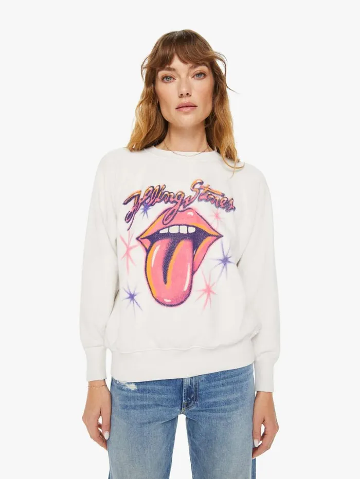 Women Mother Denim Rolling Stones Airbrush Shrunken Sweatshirt Vintage White
