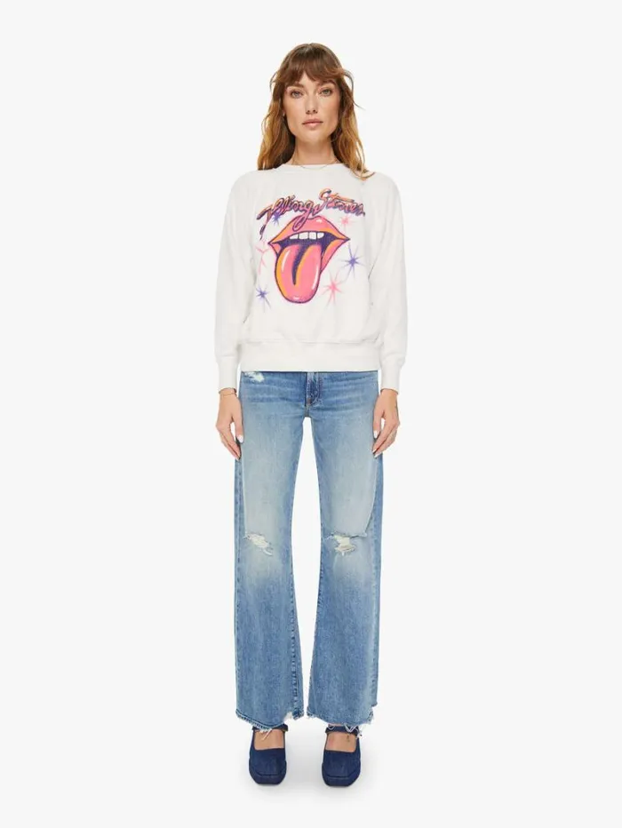 Women Mother Denim Rolling Stones Airbrush Shrunken Sweatshirt Vintage White