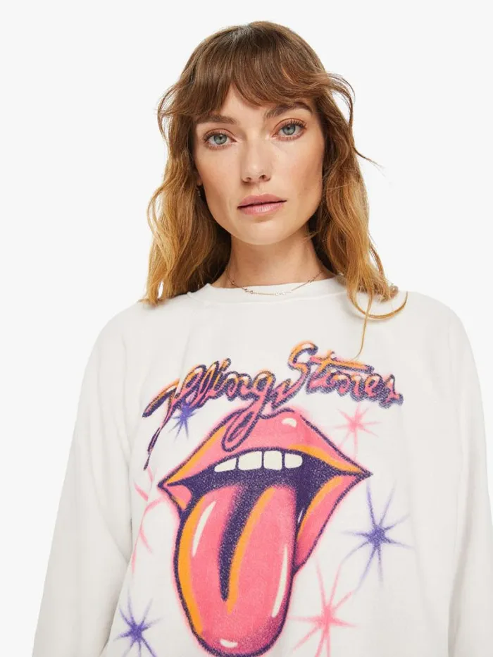 Women Mother Denim Rolling Stones Airbrush Shrunken Sweatshirt Vintage White