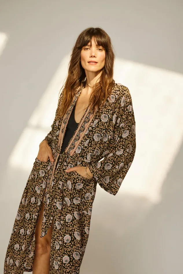 Women Natalie Martin CoverUps Diane Smoking Jacket Vintage Flowers Sepia