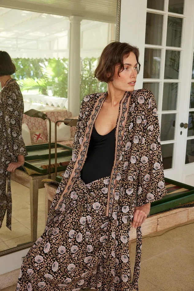 Women Natalie Martin CoverUps Diane Smoking Jacket Vintage Flowers Sepia