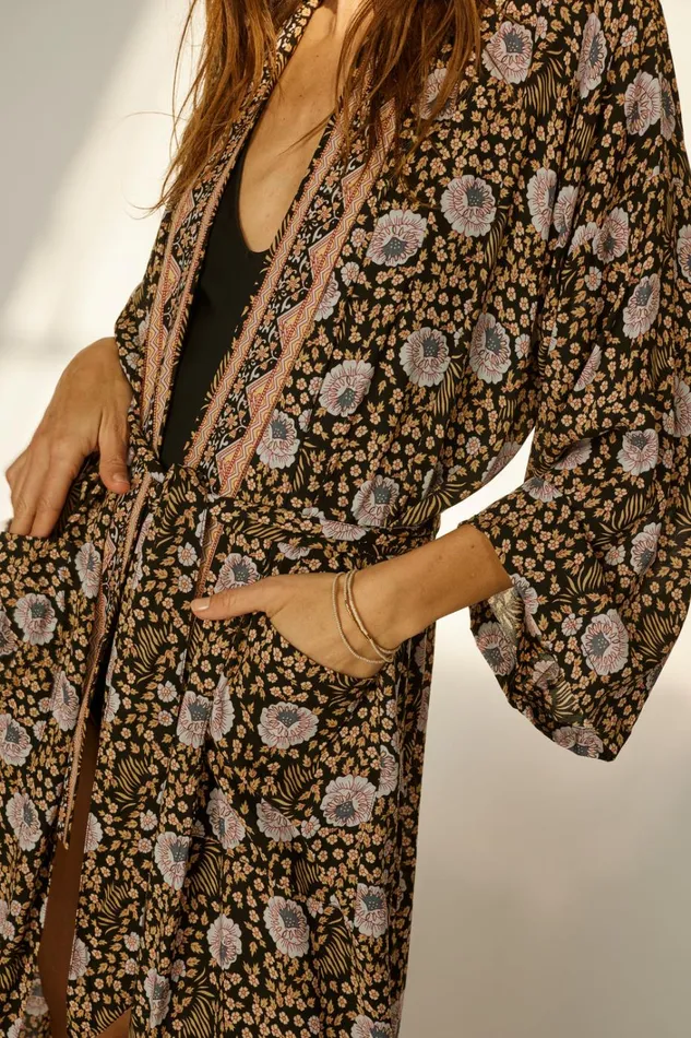 Women Natalie Martin CoverUps Diane Smoking Jacket Vintage Flowers Sepia