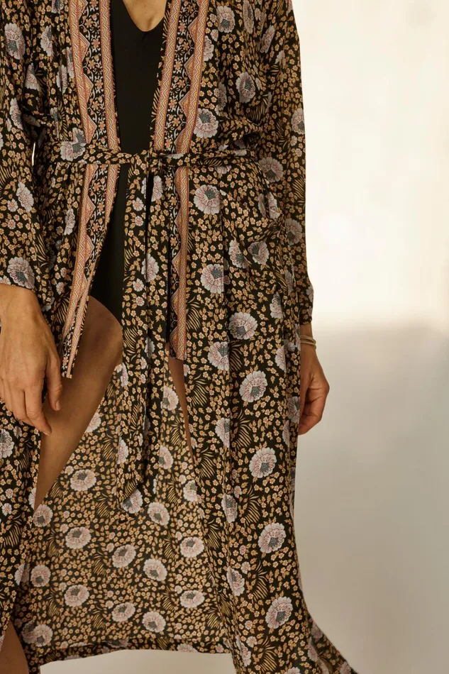 Women Natalie Martin CoverUps Diane Smoking Jacket Vintage Flowers Sepia