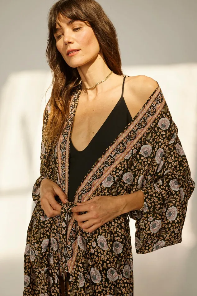 Women Natalie Martin CoverUps Diane Smoking Jacket Vintage Flowers Sepia