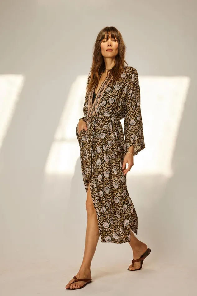 Women Natalie Martin CoverUps Diane Smoking Jacket Vintage Flowers Sepia