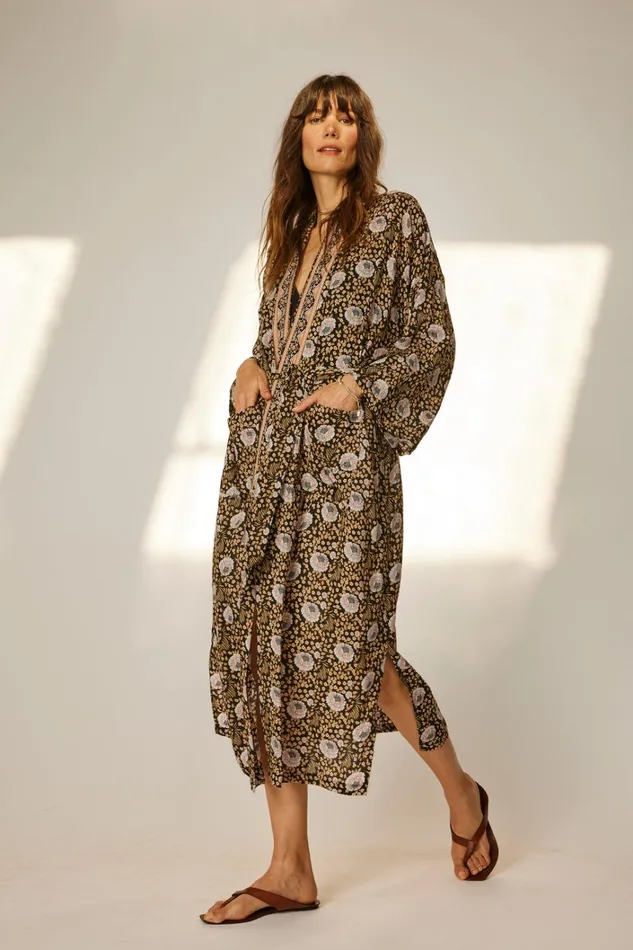 Women Natalie Martin CoverUps Diane Smoking Jacket Vintage Flowers Sepia