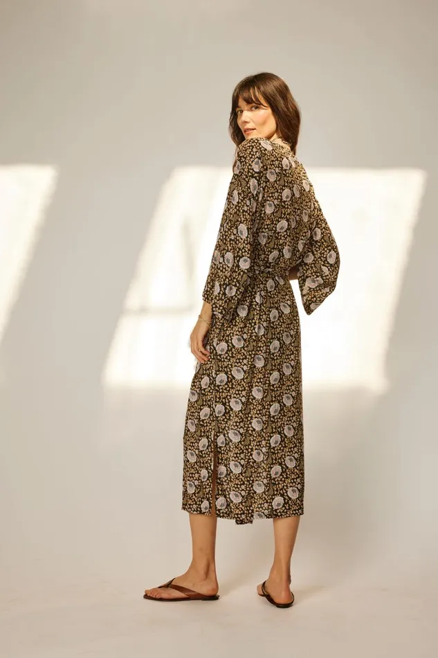 Women Natalie Martin CoverUps Diane Smoking Jacket Vintage Flowers Sepia