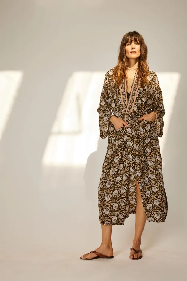 Women Natalie Martin CoverUps Diane Smoking Jacket Vintage Flowers Sepia