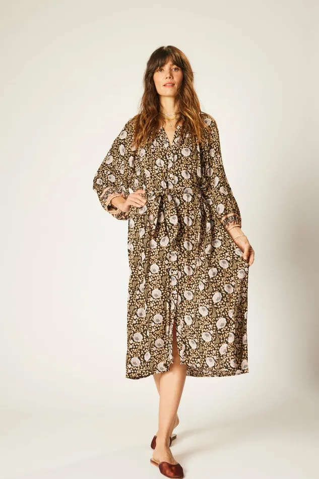 Women Natalie Martin Dresses Alex Midi With Sash Vintage Flowers Sepia