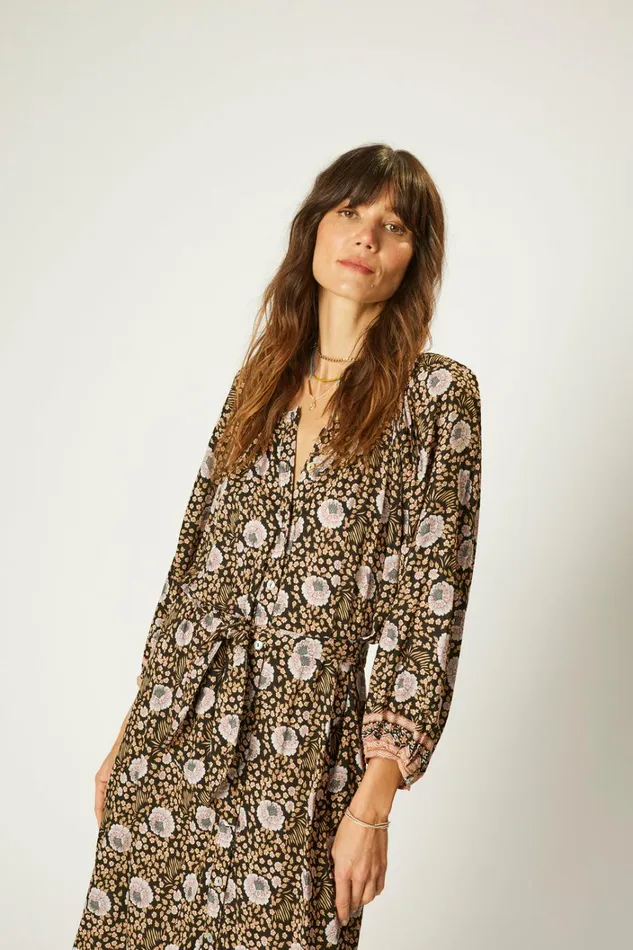 Women Natalie Martin Dresses Alex Midi With Sash Vintage Flowers Sepia Women Natalie Martin Dresses Alex Midi With Sash Vintage Flowers Sepia