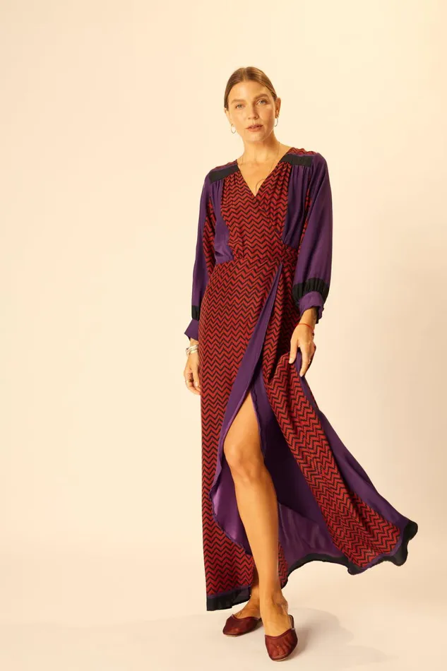 Women Natalie Martin Dresses Kate Long Sleeve Maxi Block Zigzag Aubergine
