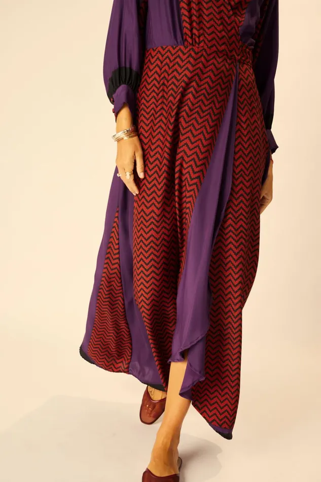 Women Natalie Martin Dresses Kate Long Sleeve Maxi Block Zigzag Aubergine