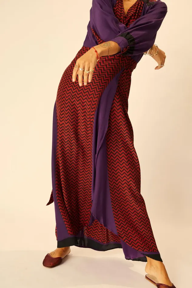 Women Natalie Martin Dresses Kate Long Sleeve Maxi Block Zigzag Aubergine
