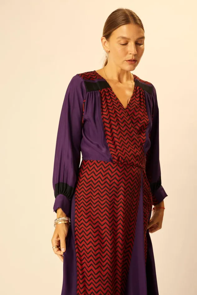 Women Natalie Martin Dresses Kate Long Sleeve Maxi Block Zigzag Aubergine