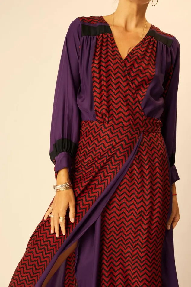 Women Natalie Martin Dresses Kate Long Sleeve Maxi Block Zigzag Aubergine