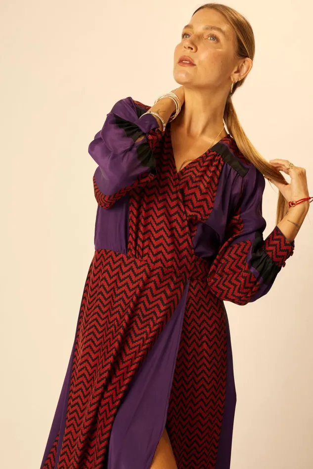 Women Natalie Martin Dresses Kate Long Sleeve Maxi Block Zigzag Aubergine