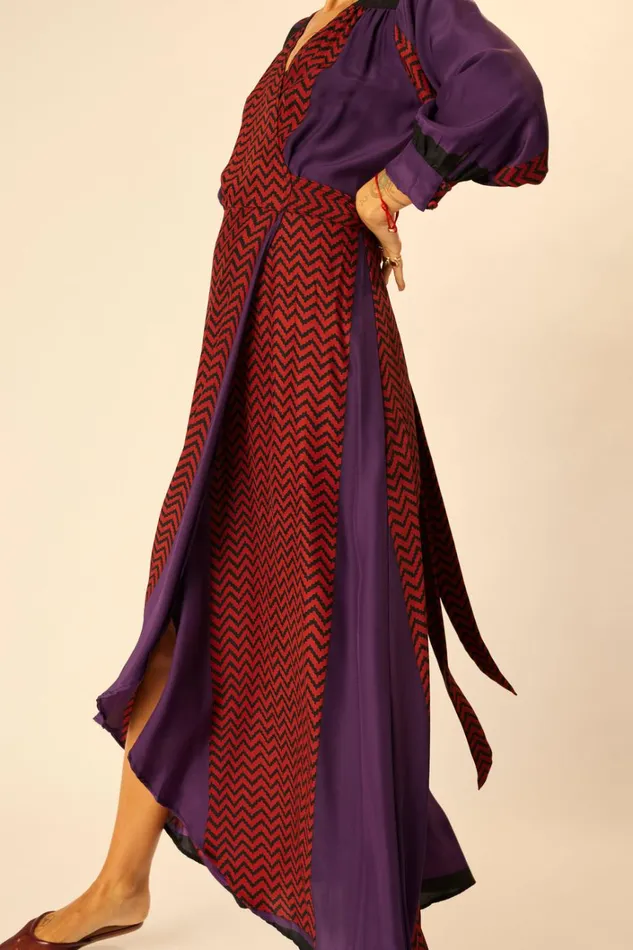 Women Natalie Martin Dresses Kate Long Sleeve Maxi Block Zigzag Aubergine