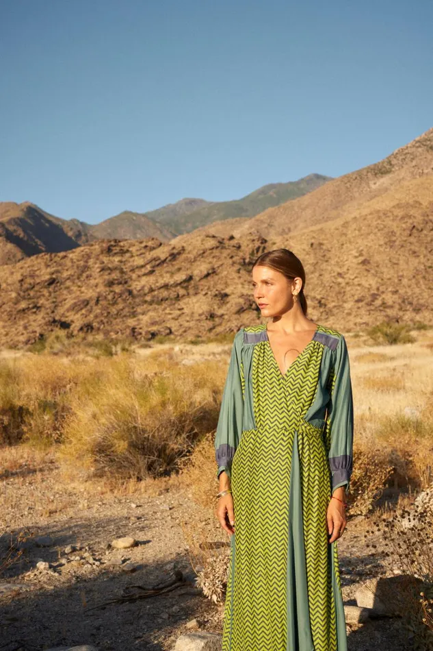 Women Natalie Martin Dresses Kate Long Sleeve Maxi Block Zigzag Lime