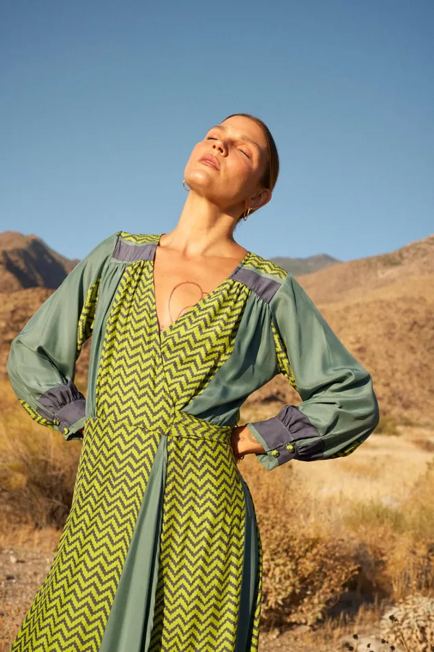 Women Natalie Martin Dresses Kate Long Sleeve Maxi Block Zigzag Lime