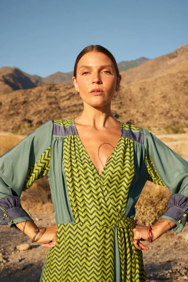 Women Natalie Martin Dresses Kate Long Sleeve Maxi Block Zigzag Lime