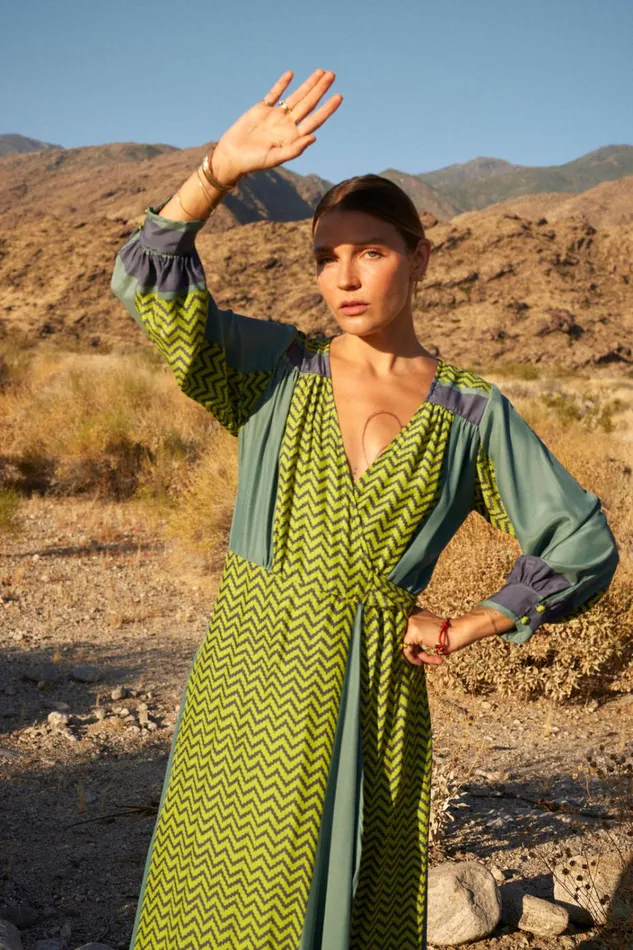 Women Natalie Martin Dresses Kate Long Sleeve Maxi Block Zigzag Lime