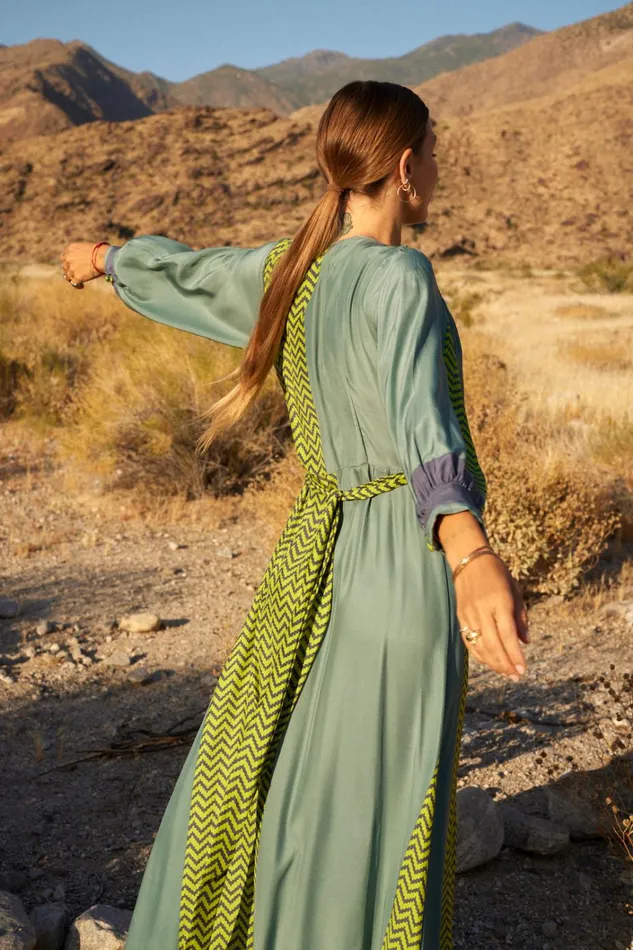 Women Natalie Martin Dresses Kate Long Sleeve Maxi Block Zigzag Lime