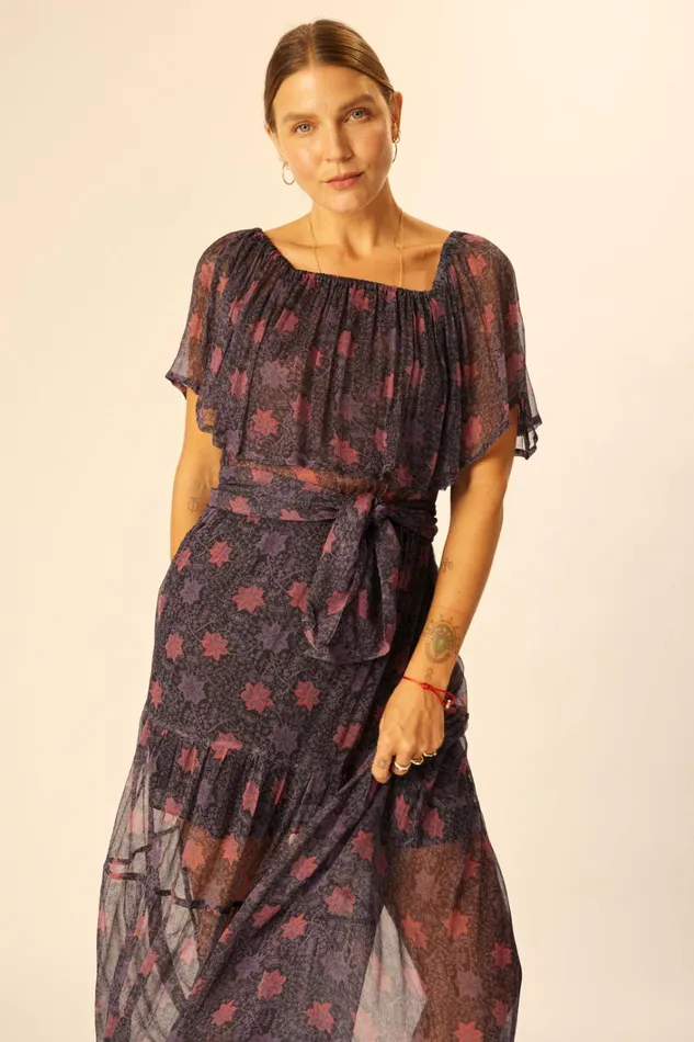 Women Natalie Martin Dresses Naomi Dress With Sash Snowflake Aubergine