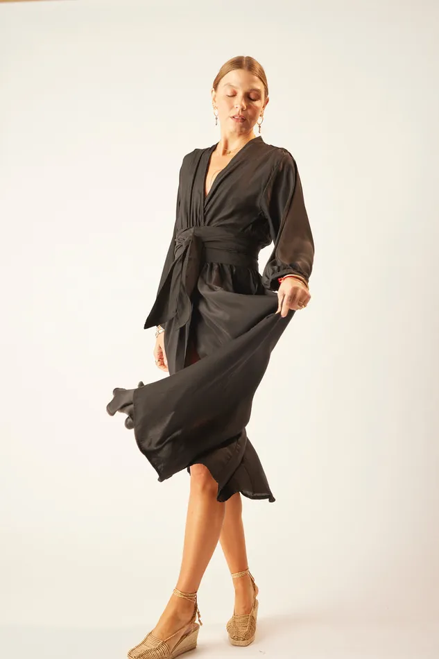 Women Natalie Martin Dresses Nico LS Maxi With Sash Black Silk