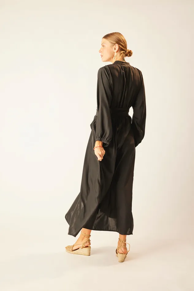 Women Natalie Martin Dresses Nico LS Maxi With Sash Black Silk