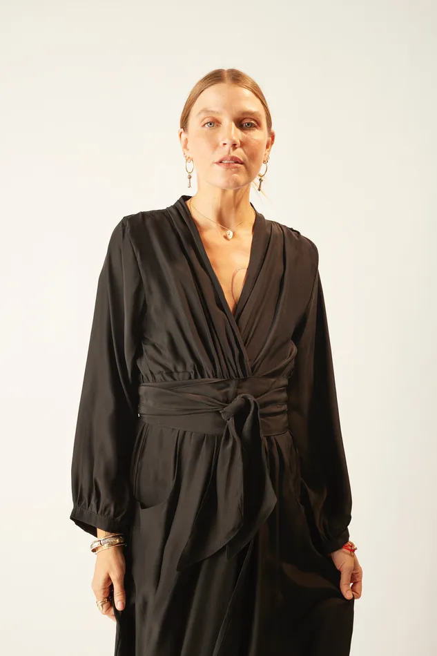 Women Natalie Martin Dresses Nico LS Maxi With Sash Black Silk