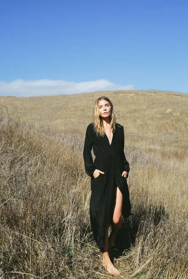 Women Natalie Martin Dresses Nico LS Maxi With Sash Black Silk