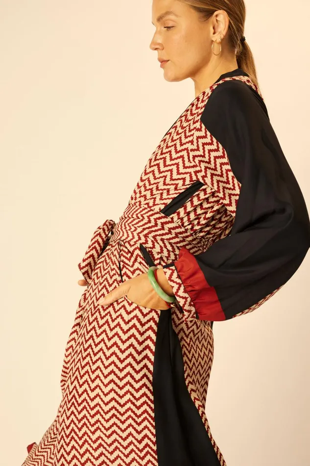Women Natalie Martin Dresses Nico LS Maxi With Sash Block Zigzag Noire