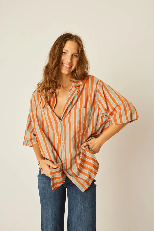 Women Natalie Martin Tops Kevin Shirt Unisex Batik Stripe Sage