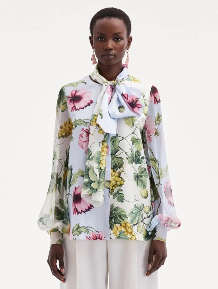 Women Oscar De La Renta Blouses and Knits Fig and Grapes Silk Chiffon Blouse Multi Women Oscar De La Renta Blouses and Knits Fig and Grapes Silk Chiffon Blouse Multi