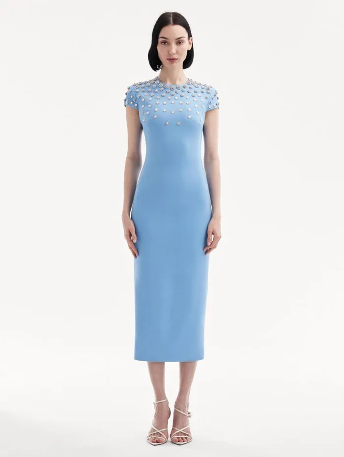 Women Oscar De La Renta Dresses Crystal Embroidered Cap Sleeve Dress Pastel Blue Women Oscar De La Renta Dresses Crystal Embroidered Cap Sleeve Dress Pastel Blue