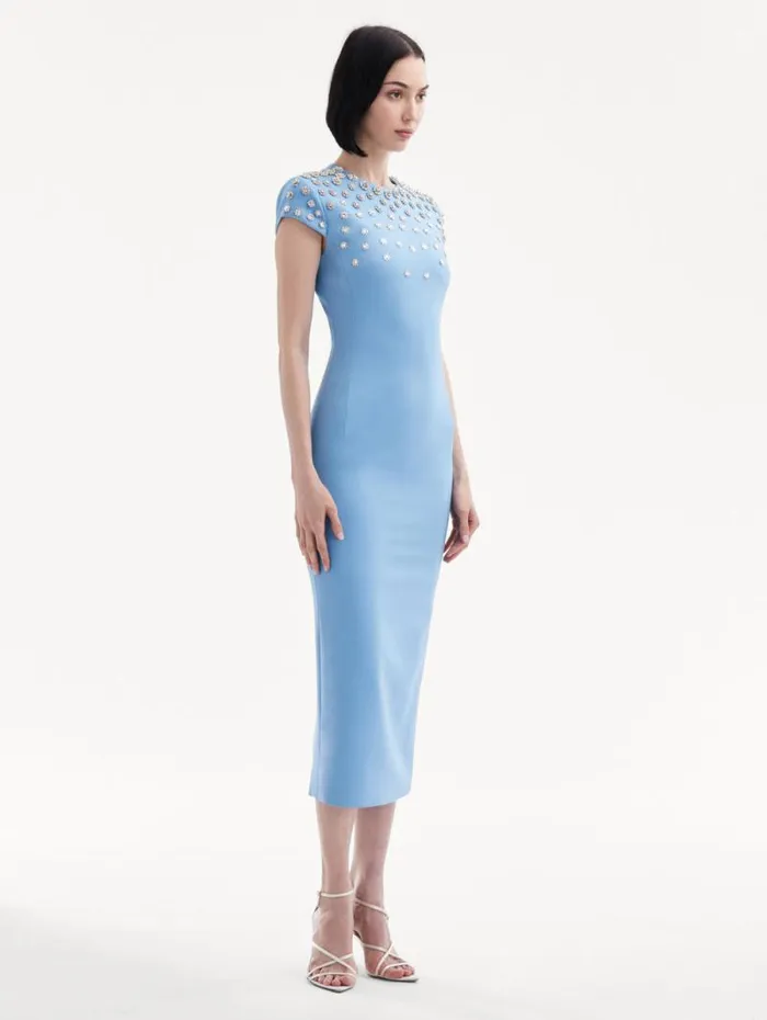 Women Oscar De La Renta Dresses Crystal Embroidered Cap Sleeve Dress Pastel Blue Women Oscar De La Renta Dresses Crystal Embroidered Cap Sleeve Dress Pastel Blue