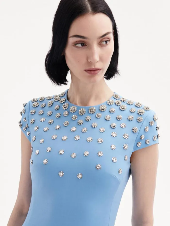 Women Oscar De La Renta Dresses Crystal Embroidered Cap Sleeve Dress Pastel Blue Women Oscar De La Renta Dresses Crystal Embroidered Cap Sleeve Dress Pastel Blue