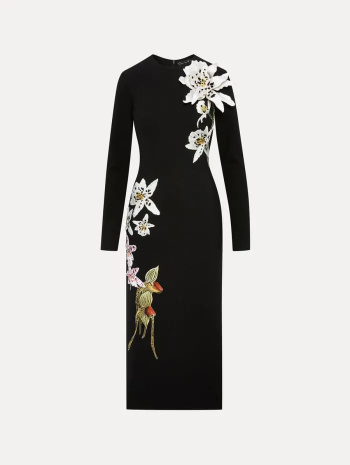 Women Oscar De La Renta Dresses Crystal Orchid Threadwork Dress Black