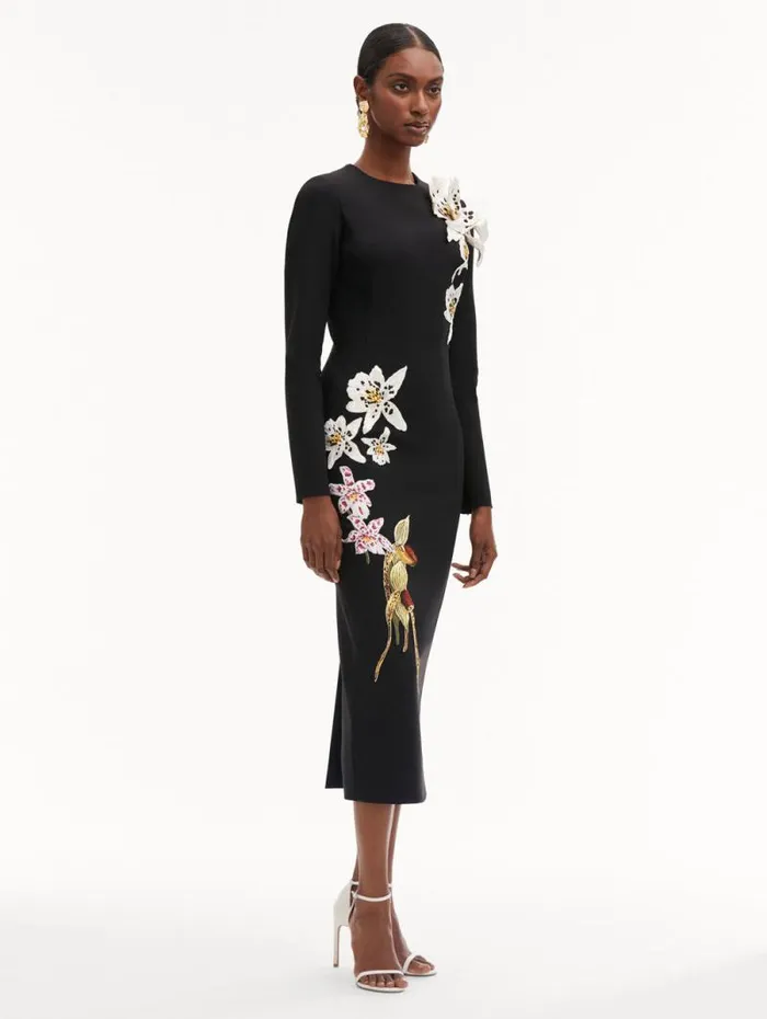Women Oscar De La Renta Dresses Crystal Orchid Threadwork Dress Black Women Oscar De La Renta Dresses Crystal Orchid Threadwork Dress Black