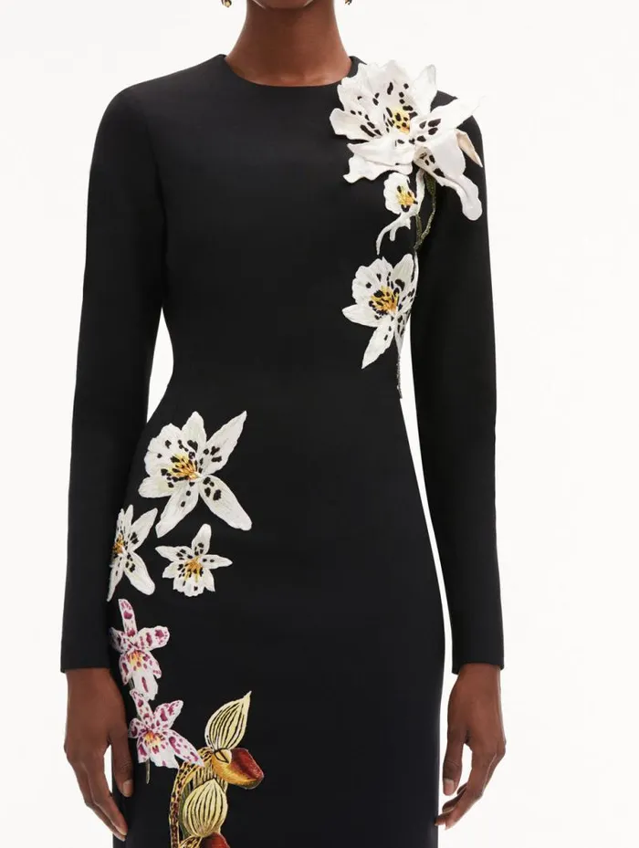Women Oscar De La Renta Dresses Crystal Orchid Threadwork Dress Black Women Oscar De La Renta Dresses Crystal Orchid Threadwork Dress Black