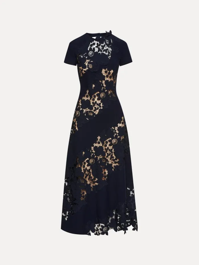 Women Oscar De La Renta Dresses Mixed Botanical Guipure Inset Midi Dress Navy Women Oscar De La Renta Dresses Mixed Botanical Guipure Inset Midi Dress Navy