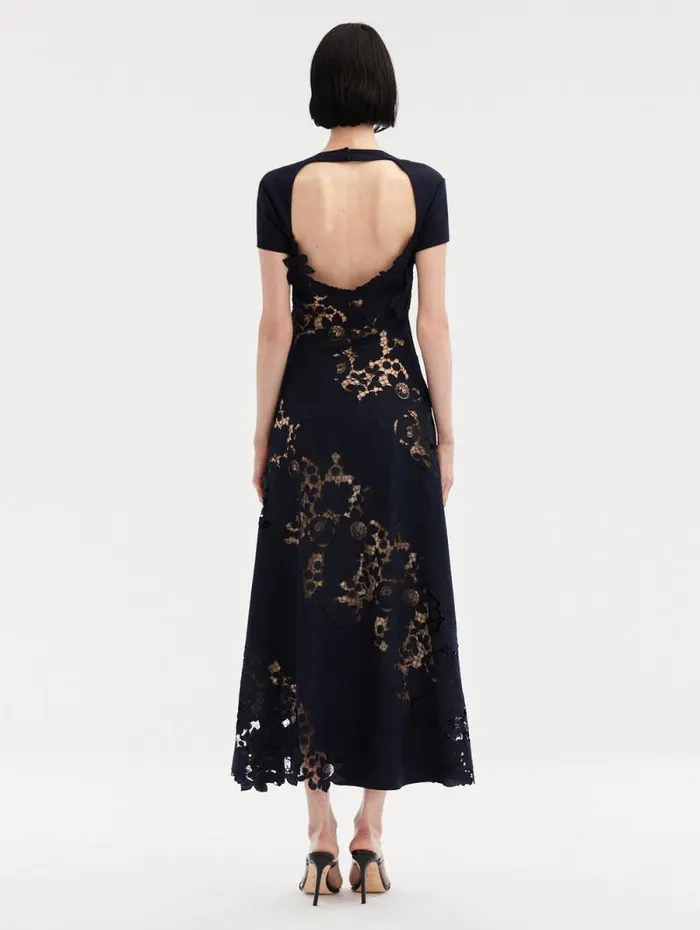 Women Oscar De La Renta Dresses Mixed Botanical Guipure Inset Midi Dress Navy Women Oscar De La Renta Dresses Mixed Botanical Guipure Inset Midi Dress Navy