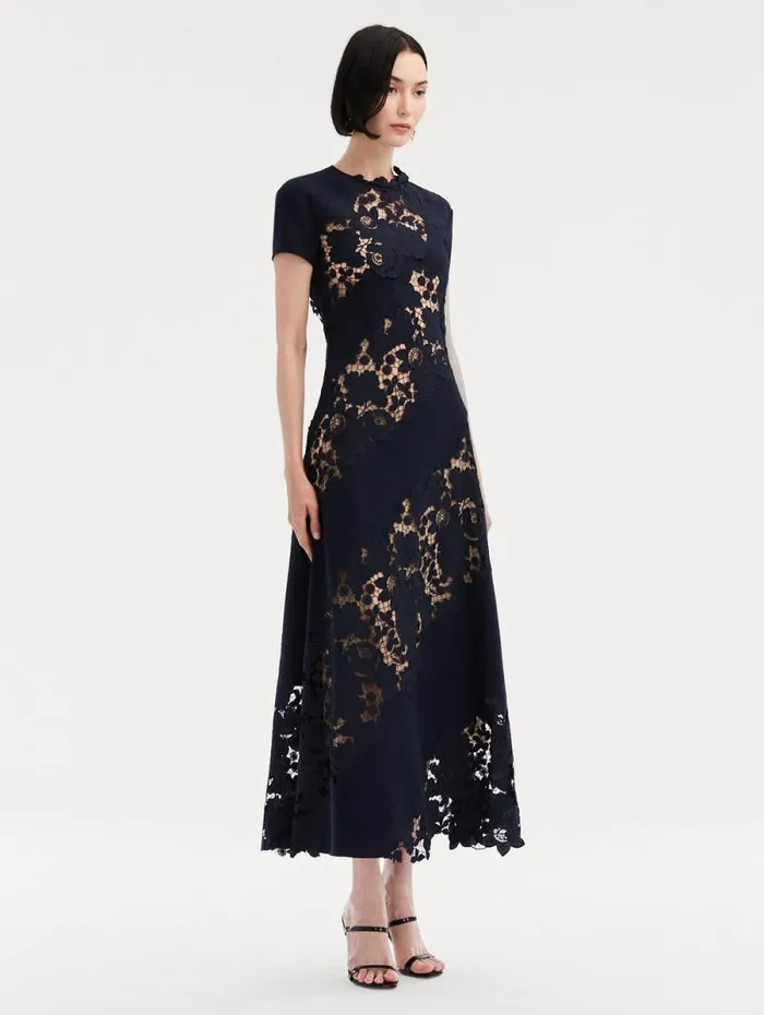 Women Oscar De La Renta Dresses Mixed Botanical Guipure Inset Midi Dress Navy Women Oscar De La Renta Dresses Mixed Botanical Guipure Inset Midi Dress Navy