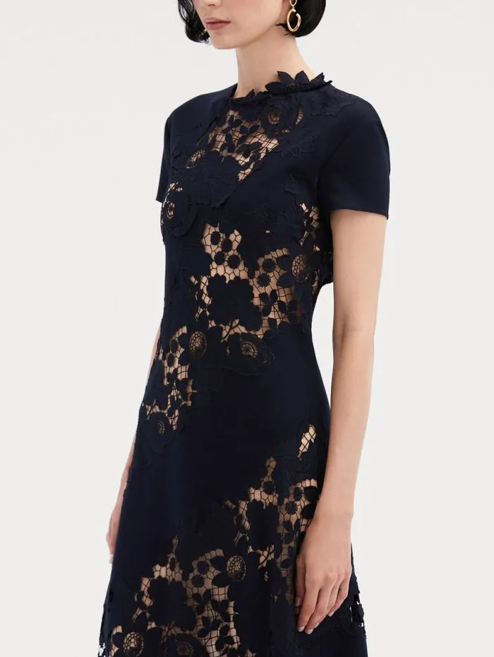 Women Oscar De La Renta Dresses Mixed Botanical Guipure Inset Midi Dress Navy Women Oscar De La Renta Dresses Mixed Botanical Guipure Inset Midi Dress Navy