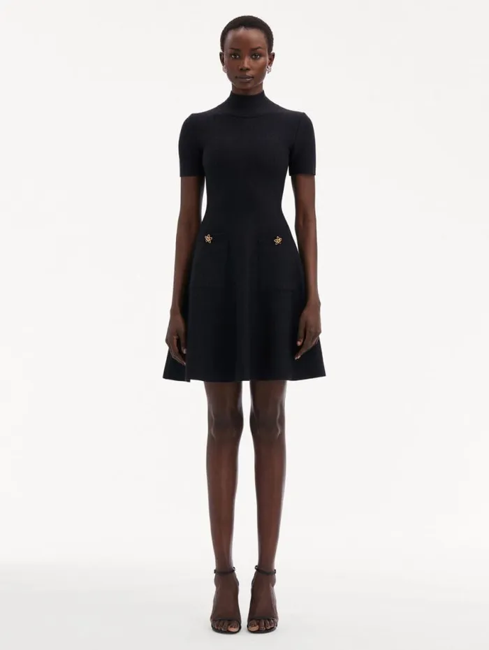 Women Oscar De La Renta Dresses O Flower Knit Mini Dress Charcoal Women Oscar De La Renta Dresses O Flower Knit Mini Dress Charcoal