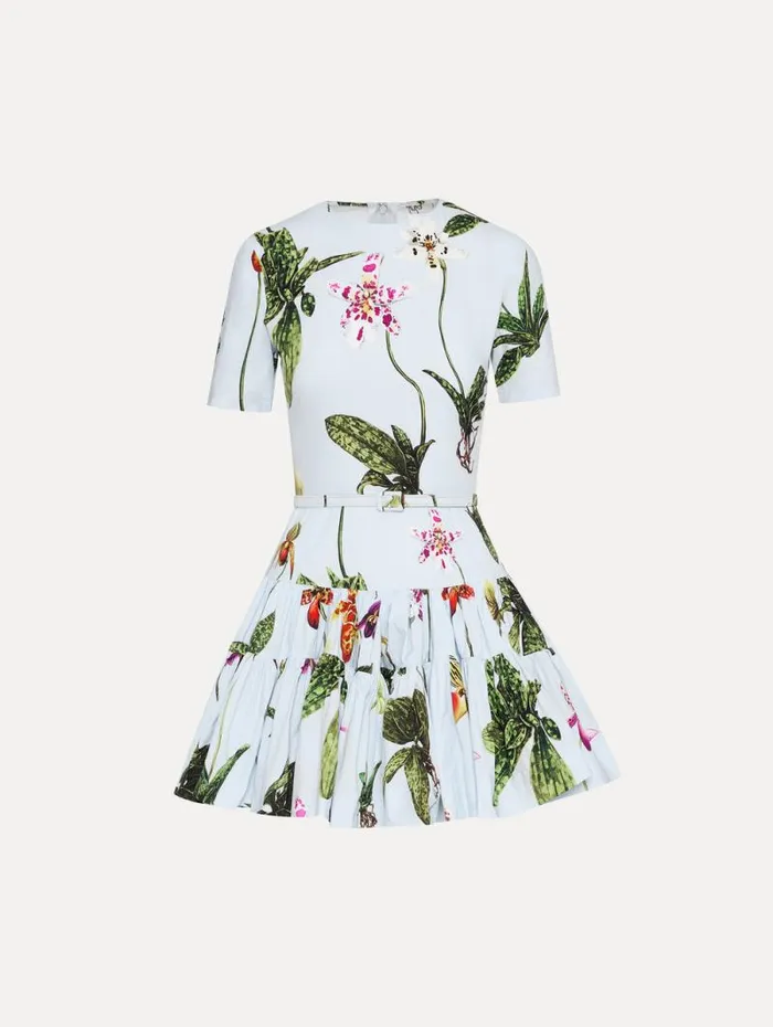 Women Oscar De La Renta Dresses Orchid Cotton Poplin Mini Dress Light Blue Multi