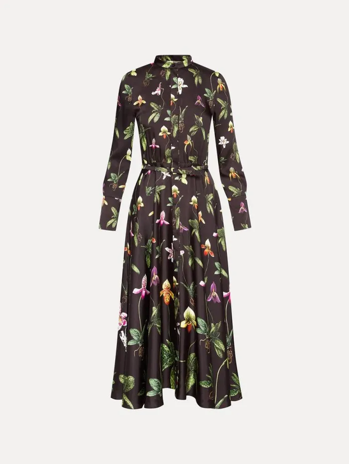 Women Oscar De La Renta Dresses Orchid Silk Twill Dress Brown Multi