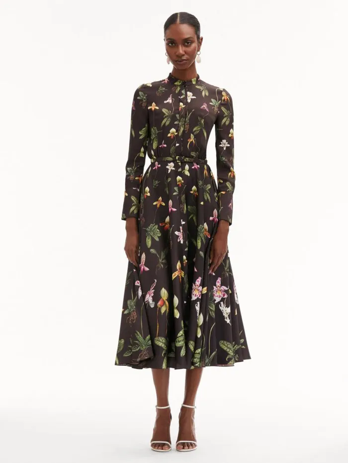 Women Oscar De La Renta Dresses Orchid Silk Twill Dress Brown Multi Women Oscar De La Renta Dresses Orchid Silk Twill Dress Brown Multi