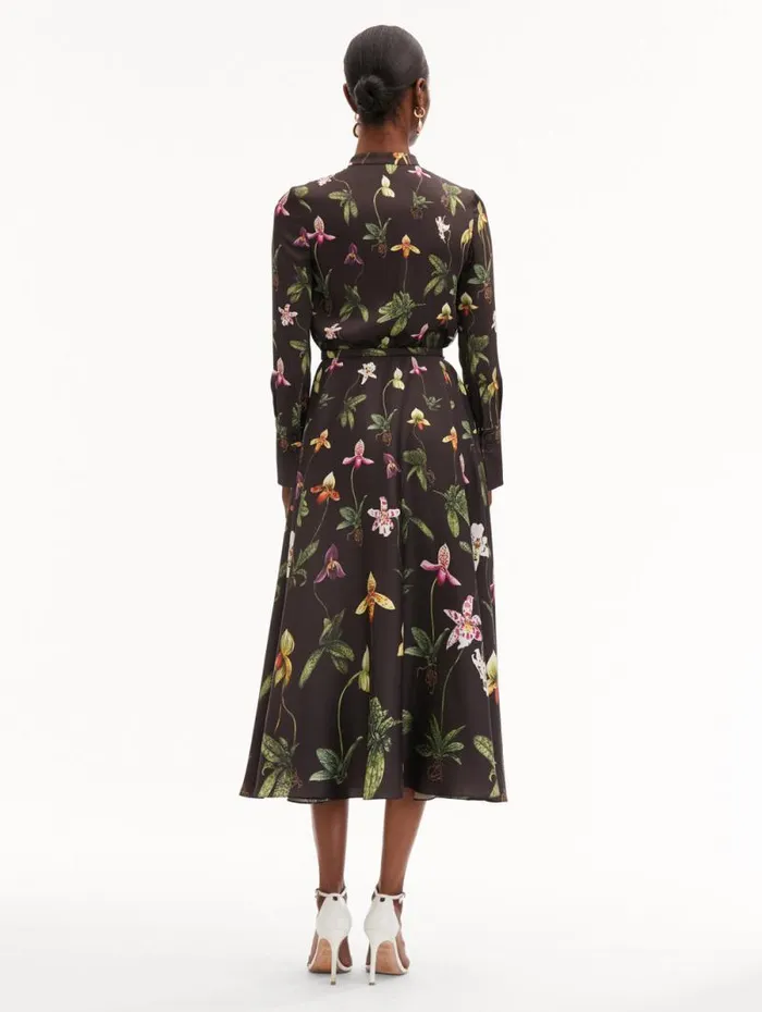 Women Oscar De La Renta Dresses Orchid Silk Twill Dress Brown Multi Women Oscar De La Renta Dresses Orchid Silk Twill Dress Brown Multi