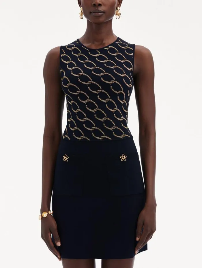 Women Oscar De La Renta Dresses Oscar ChainLink Knit Dress Navygold Women Oscar De La Renta Dresses Oscar ChainLink Knit Dress Navygold
